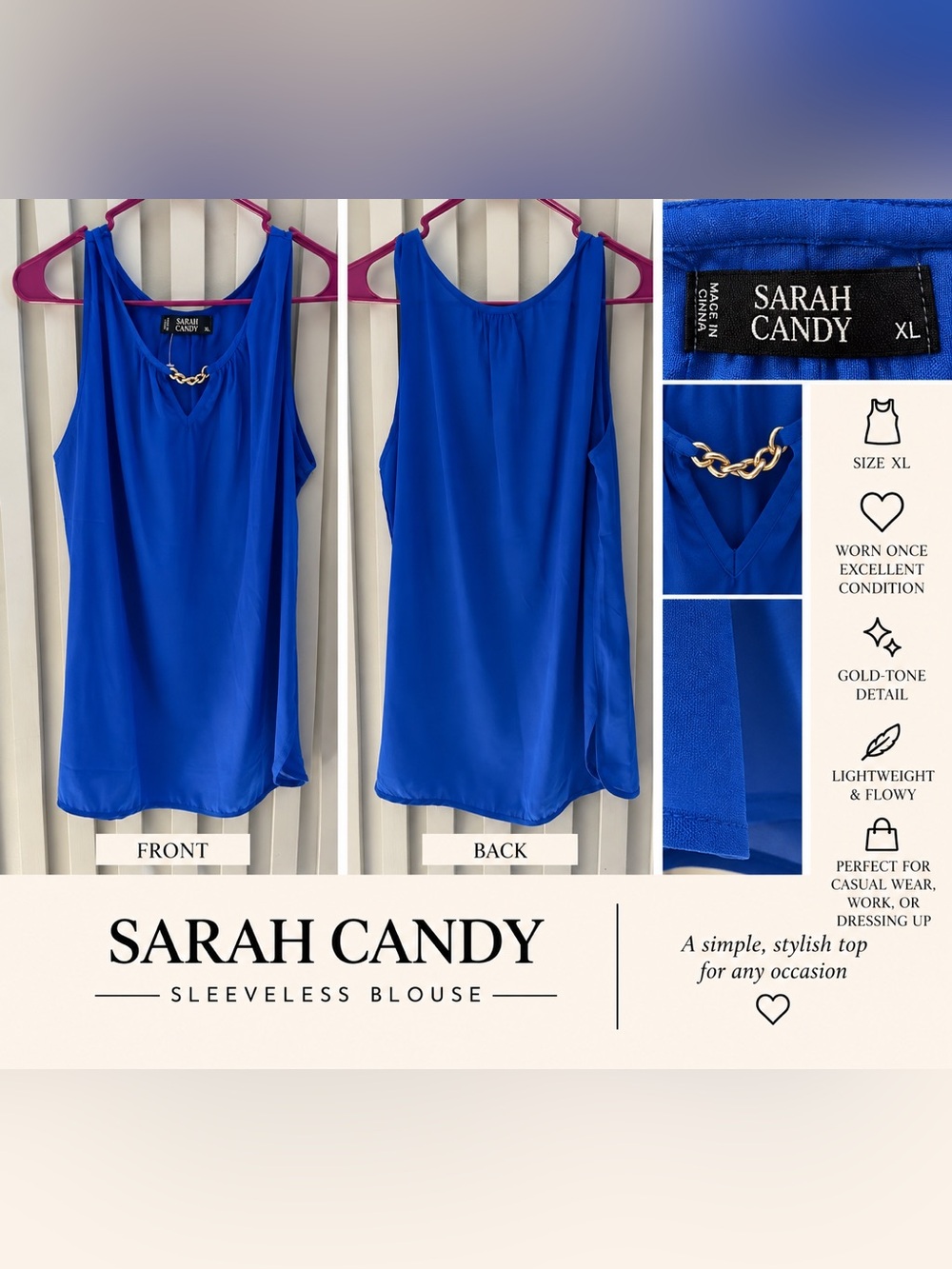 Royal Blue Sleeveless Blouse with Gold-Accent Neckline